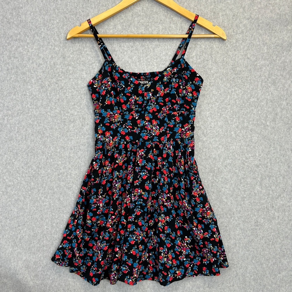 Express Dark Floral Mini Tank Dress Black Smocked Pockets Boho Cottage Women XS